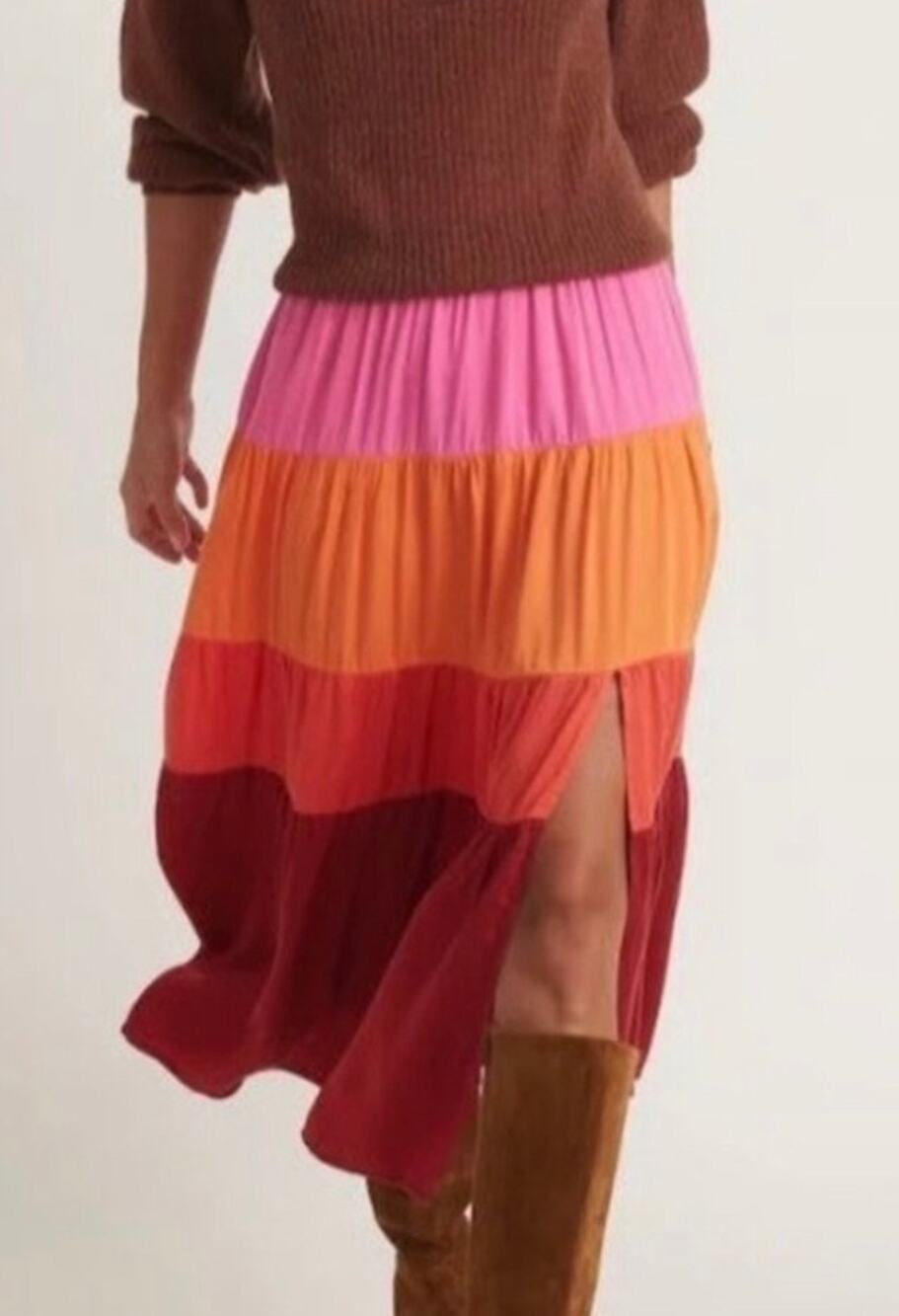 Marine Layer Maeve Colorblock Tiered Midi Skirt Pink Orange Red Size M